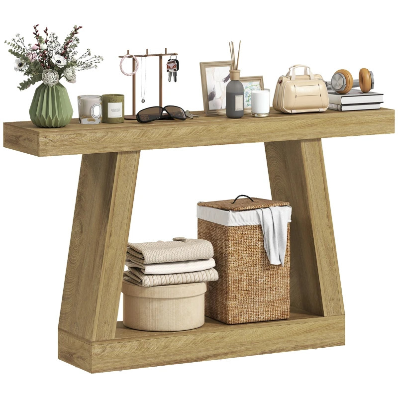 Rustic Oak Console Table, 2-Tier Thick-Top Entry Table with Storage, 55.1 x 11.8 x 32.7 in