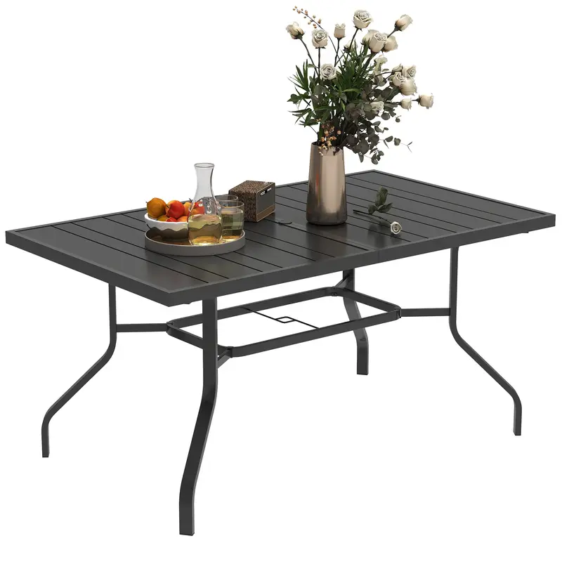 Outsunny Gartentisch 152x90 cm, Wetterfest Balkontisch aus Stahl, Beistelltisch mit Schirmloch, Latten-Design Esstisch Outdoor, Campingtisch, rechteck