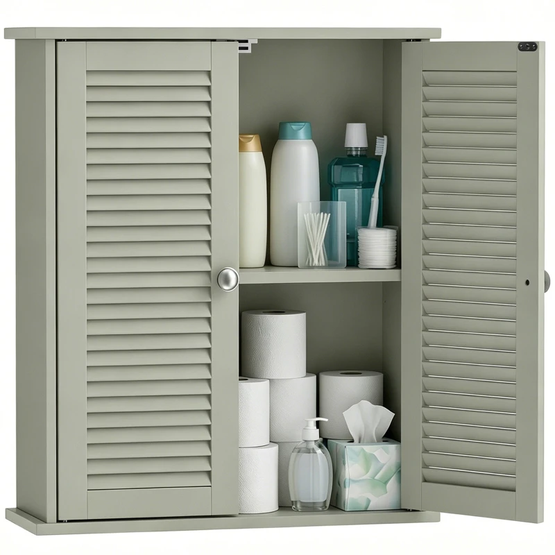 Wall-Mounted Bathroom Cabinet with Louvered Doors and Adjustable Shelf, 20.1 x 7.1 x 24.0 in, Green