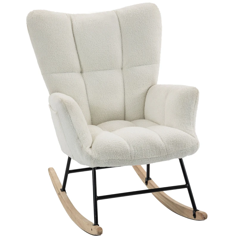 Teddy Plush Rocking Chair — Padded Wingback, Side Pockets, Cushioned Seat, Rubberwood Legs (Cream)