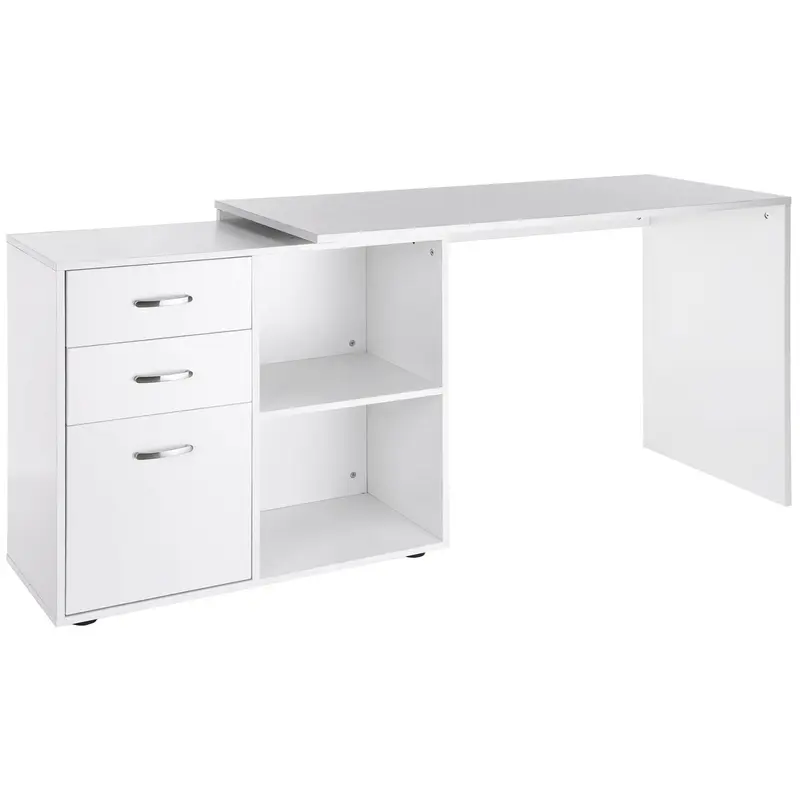 Bureau d’Angle Modulaire HOMCOM Blanc 2 en 1 Table de Salle à Manger Bureau Informatique 3 Tiroirs + 2 Étagères en MDF