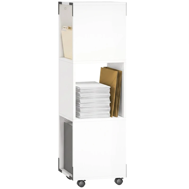Mobile Filing Cabinet with 3 Open Shelves & Printer Shelf on Casters — White, 33.5 x 33.5 x 111 cm (13.2 x 13.2 x 43.7 in)