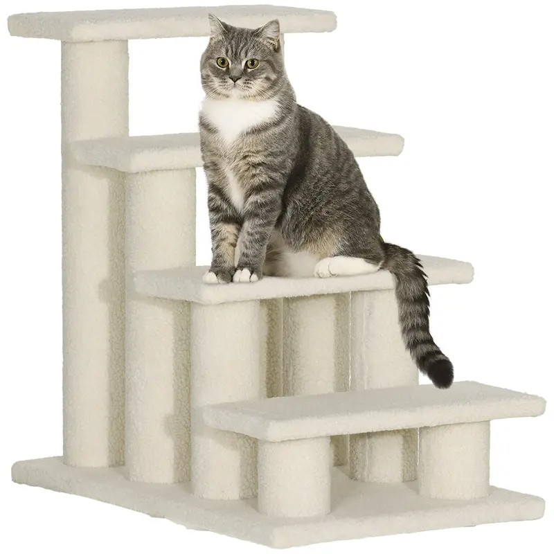 Escaliers PawHut pour Animaux – Escaliers pour Chats et Chiens 4 Étapes Crème 63,5x43x60cm