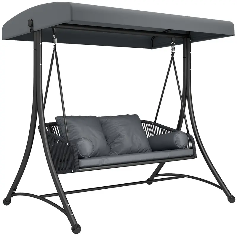 Rattan Hollywood Swing — 2-Seater Patio Bench with Adjustable Canopy & Cushions, A-Frame, Supports 529 lb, 70.1 x 47.2 x 67.7 in (Dark Gray)