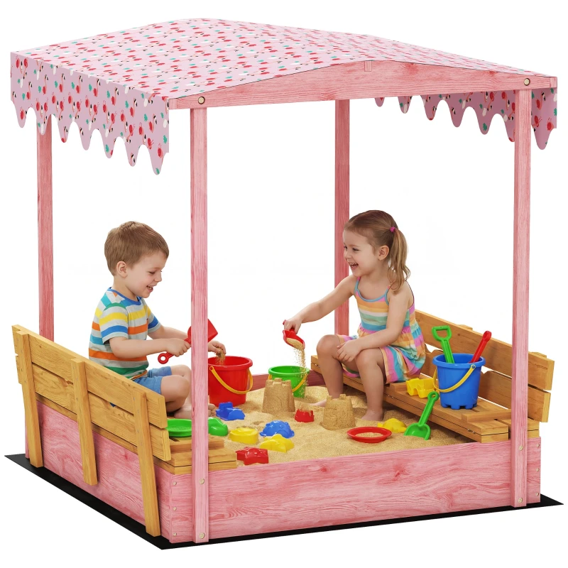 Kids Sandbox for Ages 3–6 with Flamingo Canopy, Folding Seats, Cover & Liner — Solid Pine, 53.0" x 50.2" x 51.2" (Pink)