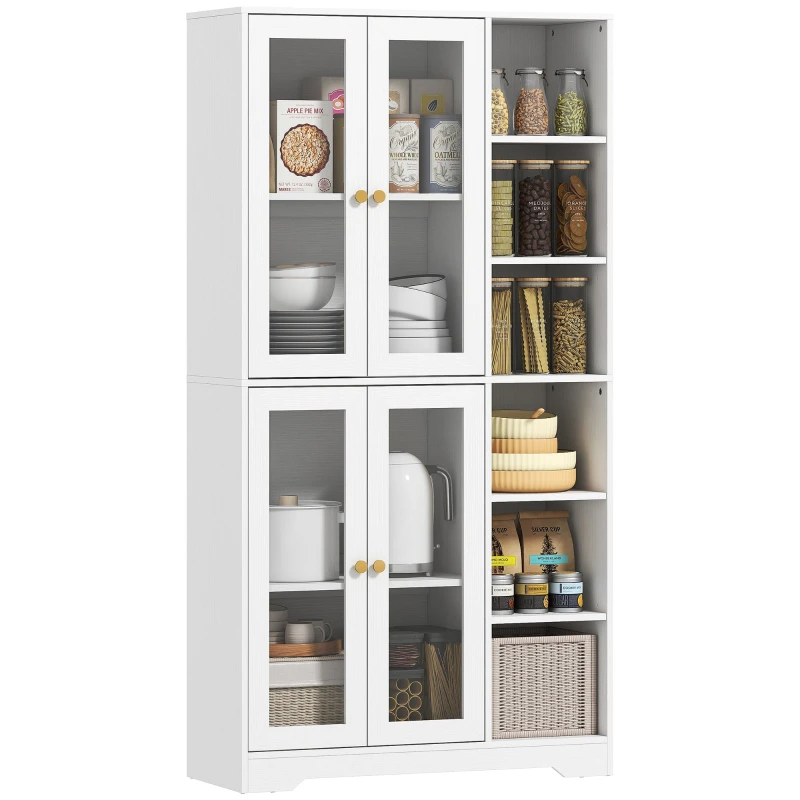 Tall Kitchen Buffet Cabinet with 4 Soft-Close Tempered Glass Doors, Adjustable Shelves & 6 Open Compartments — White