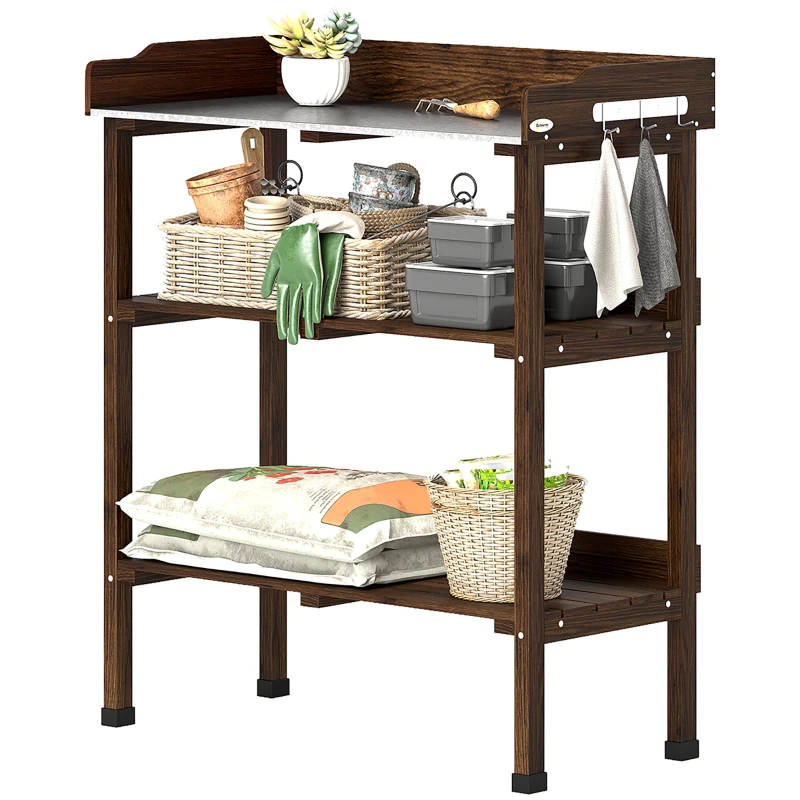 3-Tier Wooden Potting Bench with Metal Worktop, 2 Shelves & Tool Hooks, Weather-Resistant, 29.9 x 14.6 x 35.0 in, Charred