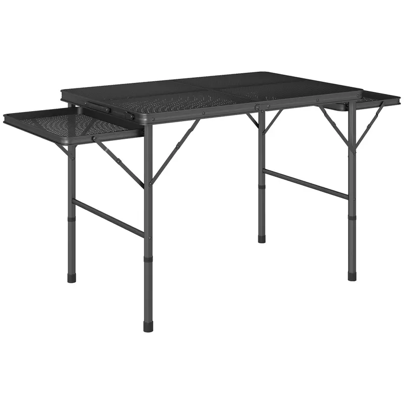 Folding Camping Table Aluminum 137x62x67 cm with Folding Sides and Adjustable Height Portable Lightweight Camping Table with Metal Grid Countertop for Camping Hiking Beach Black