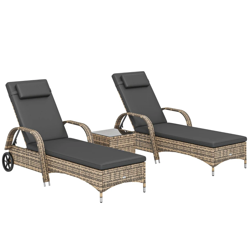 2-Piece Extra-Comfort Sun Loungers with Cushions & Headrests, Multi-Position Adjustable Backrests, Armrests, Wheels + Dark Gray Wicker Coffee Table with Tempered Glass