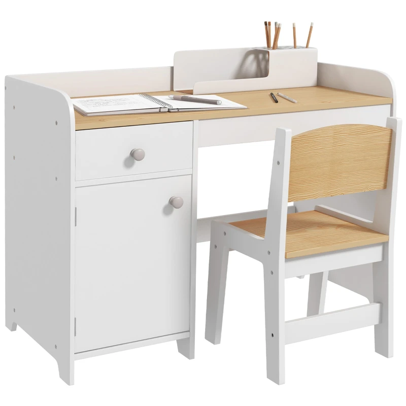 ZONEKIZ Kids Desk & Chair Set with Drawer and Storage, Large Worktop – White, Ages 3–6 (31.5 x 15.4 x 23.2 in)