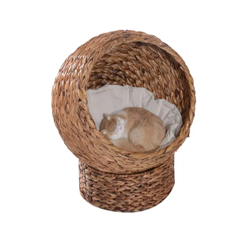 Lit pour Chat PawHut en Rattan - Caverne et Cottage pour Chats avec Coussin - Lit pour Animaux en Hyacinthe d'Eau Marron 50 x 42 x 60 cm
