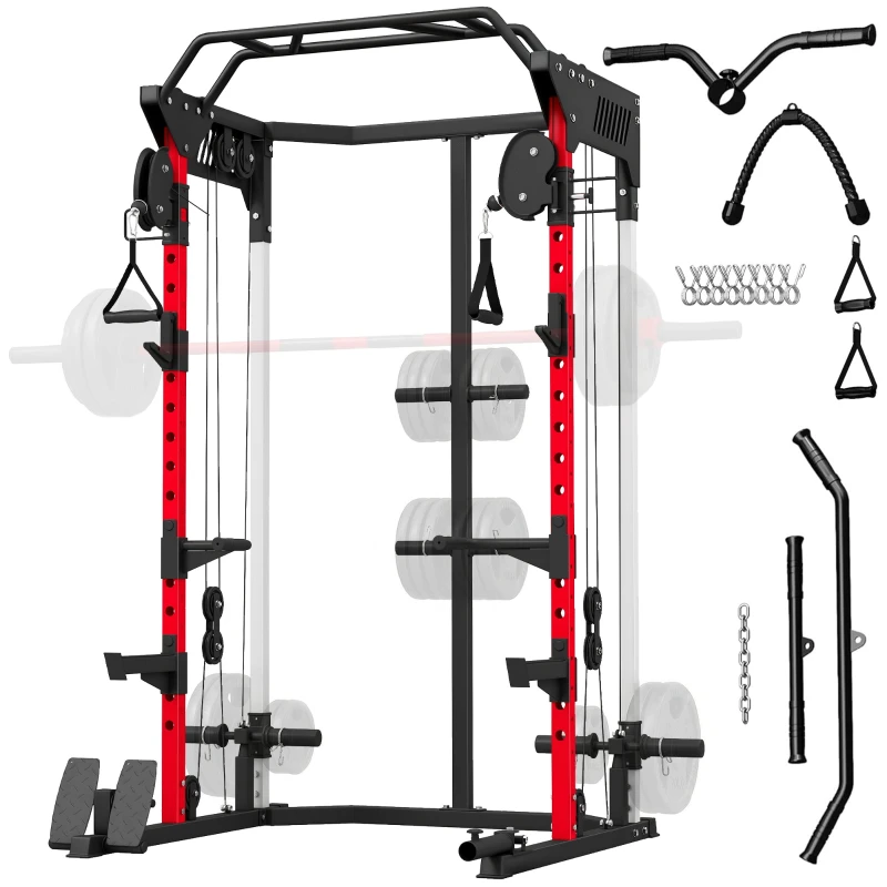 SPORTNOW Smith Machine Power Rack with Adjustable Pulley System, Squat Rack with Pull-Up Bar and Dip Station, Bar Holders — For Home Gym — 900 kg Structural Capacity