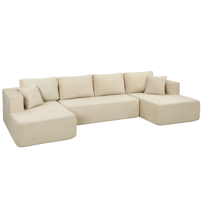 Compressed U-Shaped Modular Sofa 336.5 cm (132.5") – 4-Seater Convertible Corduroy Velvet with 2 Chaises, 6 Cushions, Wide Seats & Side Pockets, No Assembly Required, Cream