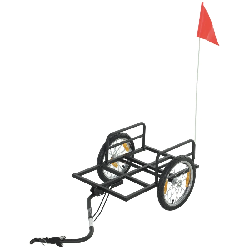 SPORTNOW Bike Cargo Trailer — 88 lb Capacity, Steel Hand Cart with Red Safety Flag, 16" Wheels, Fits 22–28" Bikes, 57"x24"x16.5", Black