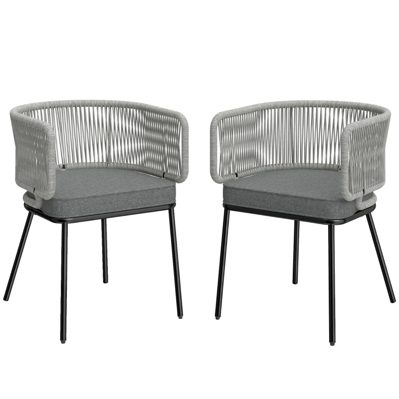 Set of 2 Outdoor Woven Resin Armchairs with Removable Cushions, Steel Frame — Light Gray