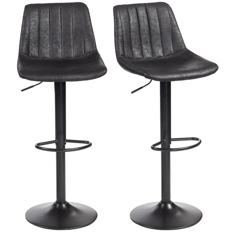Bar Stools 2-Pack, Padded Metal Frame Bar Chairs with Backrest, Height-Adjustable Kitchen Stools with Footrest, 360° Swivel, Counter Stools for Kitchen, Living Room, Dining Room, Microfiber Black