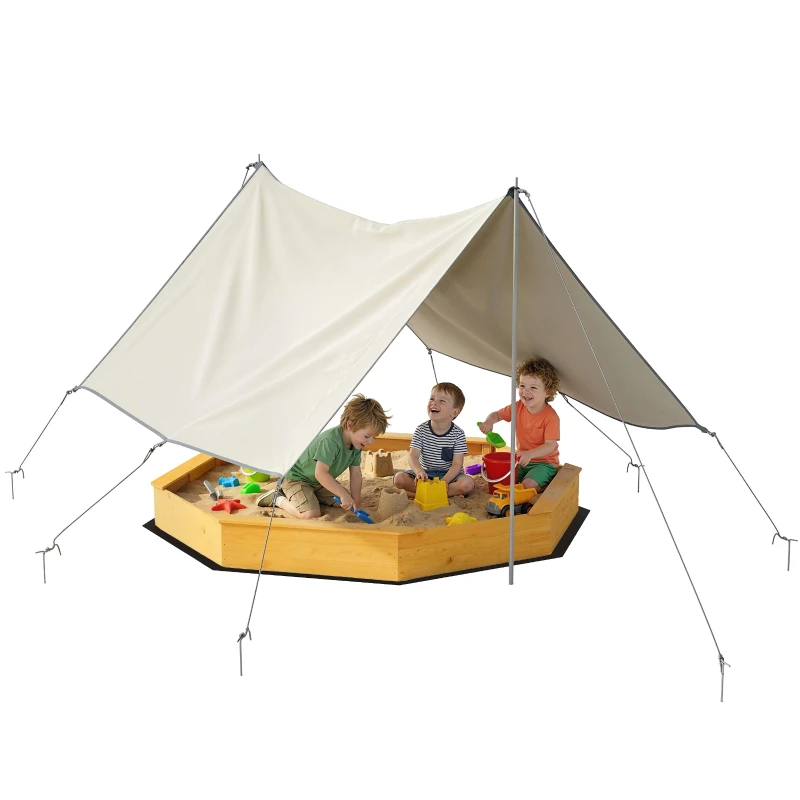 Wooden Sandbox with Canopy, Outdoor Kids' Sandbox with 4 Benches, Ground Liner, Outdoor Play Area for 8 Children Aged 3–6, Yellow