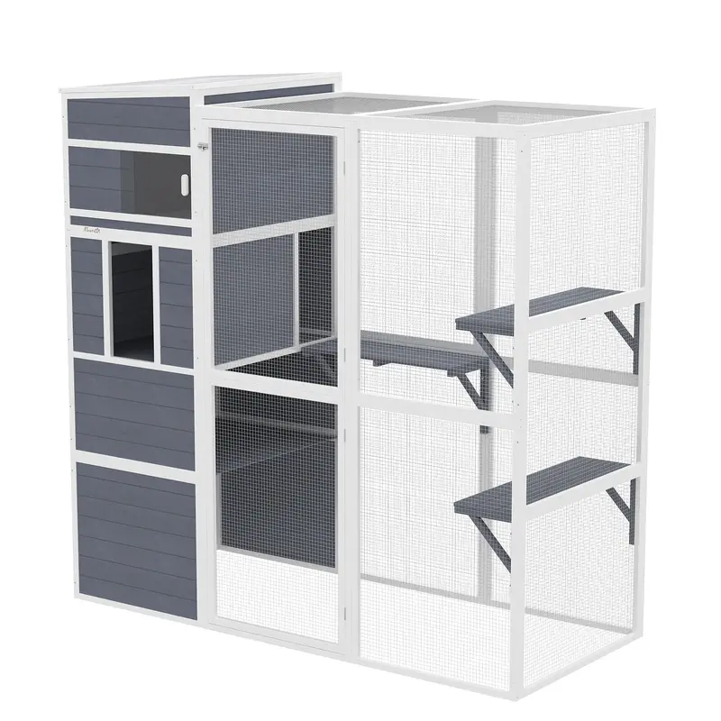 Outdoor Wooden Cat Enclosure with 3 Platforms, Weatherproof Roof, Window & Mesh Run for 3–4 Cats (up to 22 lb), Gray - Indoor/Outdoor