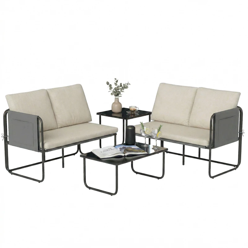 4-Piece Outdoor Garden Set – 2 Two-Seat Sofas, Tempered Glass Tables, Removable Cushions, Breathable Textilene, Steel Frame (Khaki)