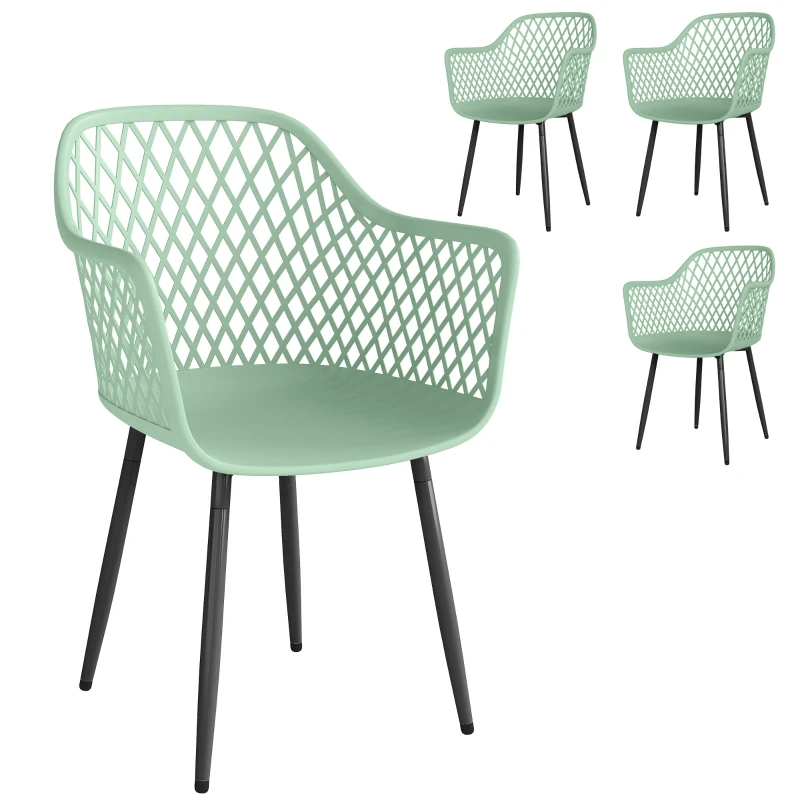 Set of 4 UV-Resistant PP Outdoor Dining Chairs with Diamond Back & Armrests, Metal Legs — 56 x 51 x 84 cm (22 x 20 x 33 in), Green
