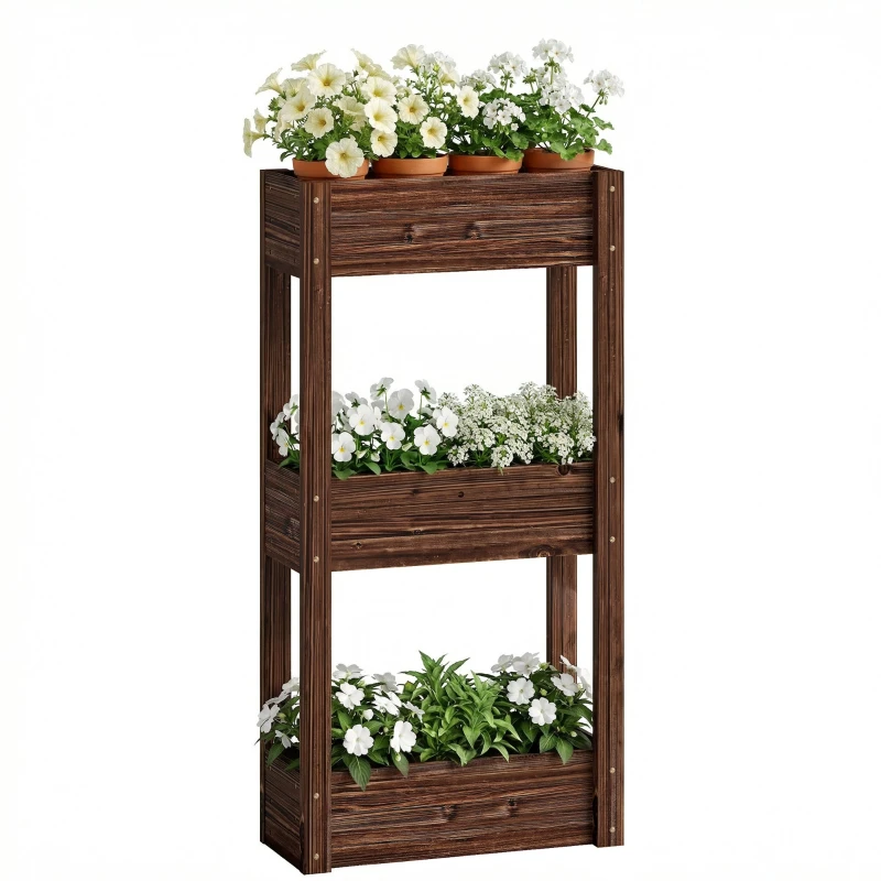 3-Tier Elevated Wooden Planter Box with Drainage Holes and Removable Liner — Raised Garden Bed for Vegetables, Herbs & Flowers — 23.6 x 9.8 x 47.2 in (60 x 25 x 120 cm) — Brown