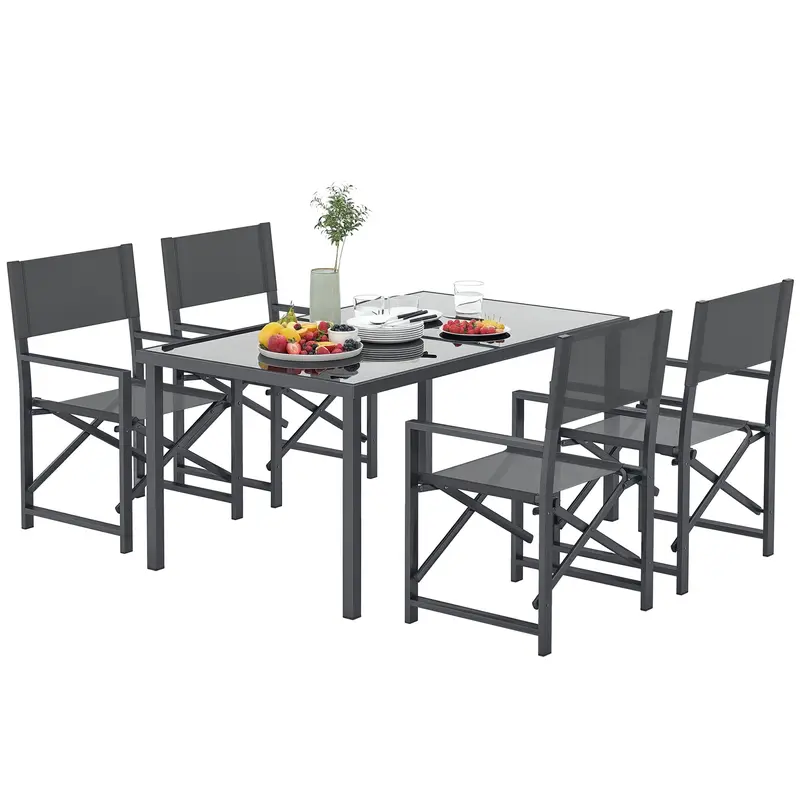 Outsunny Sitzgruppe 5-teilig Essgruppe Stahl für 4 Personen Esstisch mit 4 klappbar Stühlen Esszimmergruppe mit Glastisch Küchentisch-Set Balkonmöbel