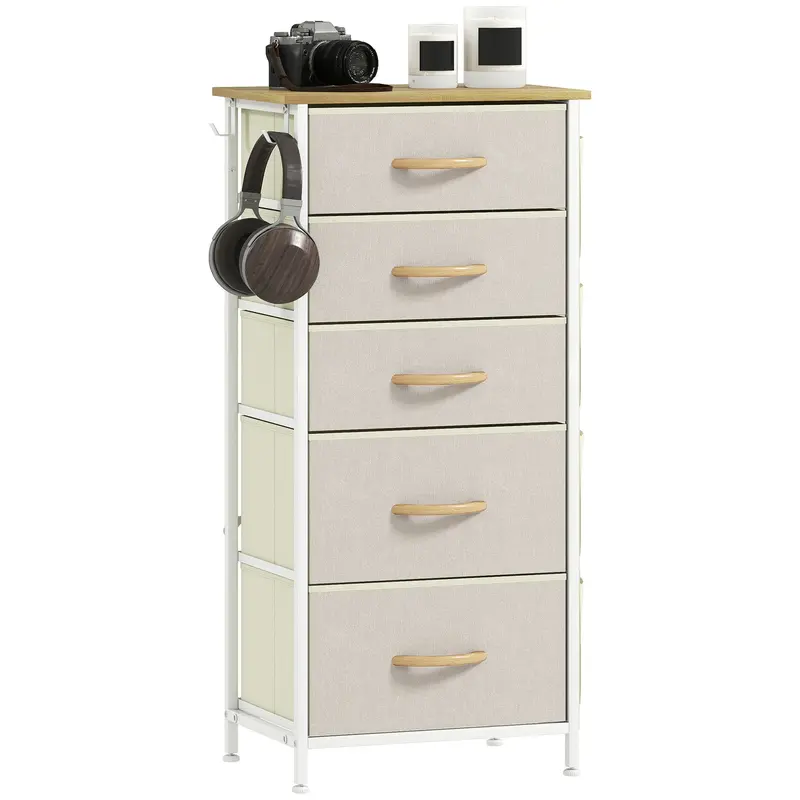 5-Drawer Fabric Dresser with Hooks & Side Pockets, Steel Frame – Beige