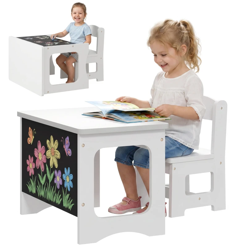 Children's Desk and Chair with Reversible Chalkboard Top, Activity Table Set for Drawing, Reading and Play in Bedroom or Playroom, for Children Ages 3–6, White