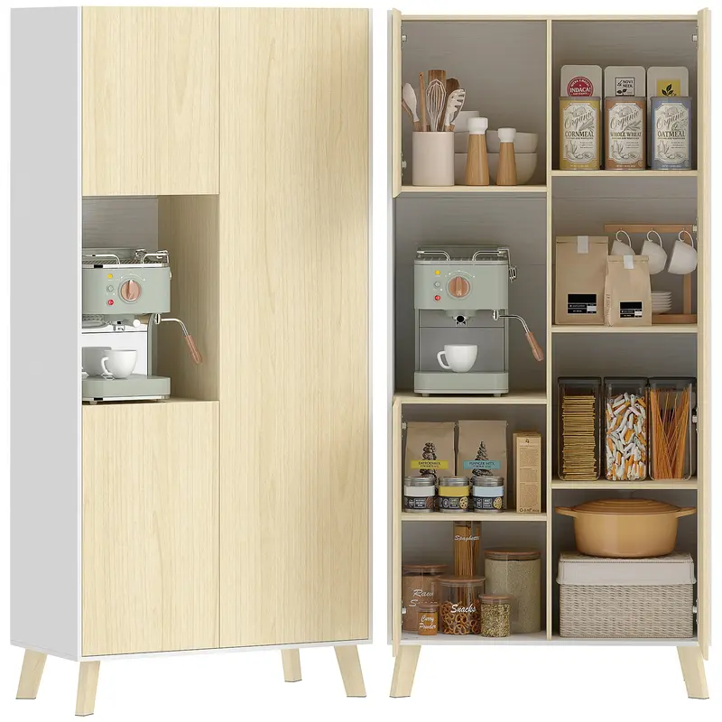 Tall Pantry Cabinet with Open Compartment, 3 Doors, Adjustable Shelves — Modern Kitchen Storage, Natural/White, 31.5 x 15.7 x 66.9 in