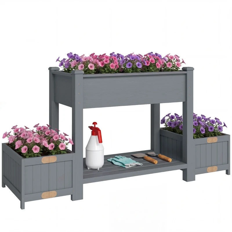 Raised Garden Bed with 2 Foldable Side Pots & Shelf, Outdoor Raised Planter in Fir Wood with Liner and Drainage Holes, for Flowers & Vegetables — 149 x 46 x 76 cm (58.7 x 18.1 x 29.9 in), Gray
