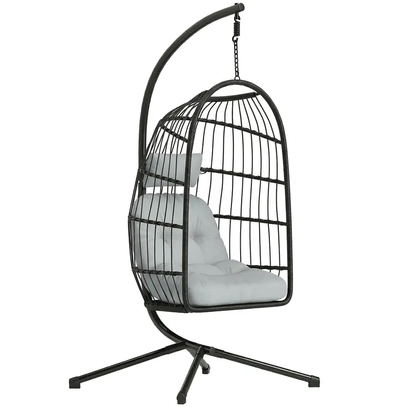 Hanging Egg Chair with Stand — Foldable PE Rattan Swing, Thick Cushion & Headrest, Adjustable Height, Light Gray