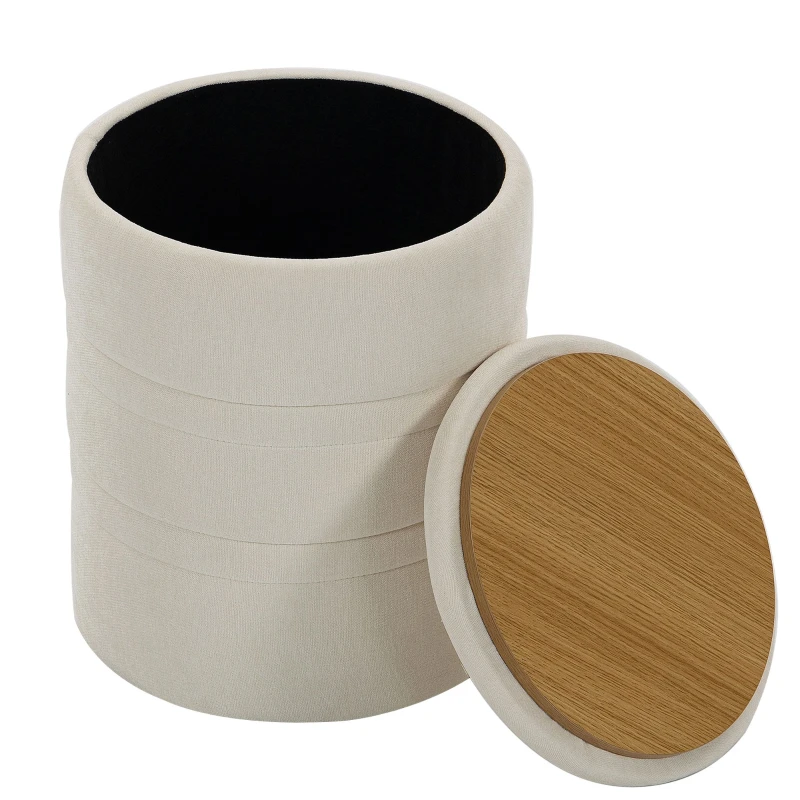 Chenille Storage Ottoman, Round Lid Footstool & Hidden Storage, for Bedroom/Entry/Living Room, Supports 265 lb, 14.4" Ø x 18.3" H, Beige