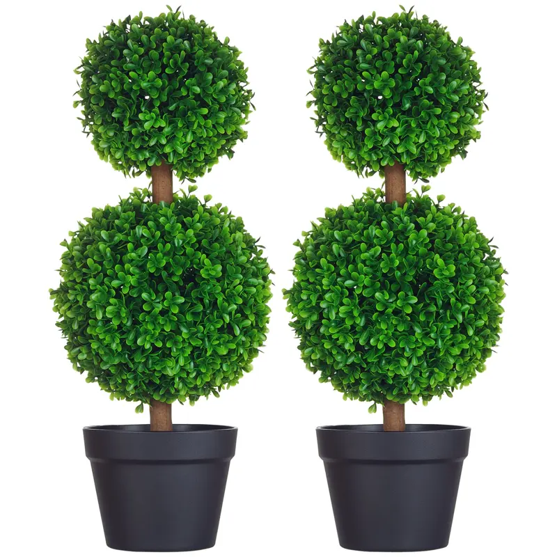 HOMCOM 2er Set Große Künstliche Buchsbaum Bäume 60 cm, UV-beständige Kunstpflanze, Künstliche Pflanzen im Topf, Künstlicher Baum, Kunstpflanze sieht e