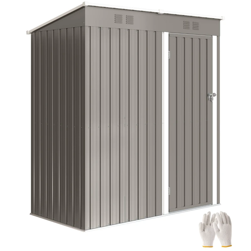 Galvanized Steel Garden Shed — 1.37 m² (14.7 sq ft) Lockable Outdoor Storage Cabinet with Vents & Sloped UV Roof, Light Gray