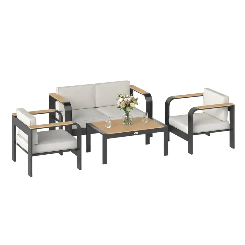 4-Piece Aluminum Garden Lounge Set for 4 — Water-Resistant, Extra-Deep Seating with 2-Seat Sofa, 2 Chairs & Coffee Table, Beige
