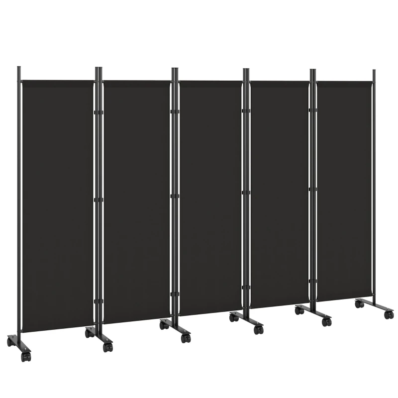 5-Panel Foldable Indoor Room Divider, 252 x 40 x 170 cm (99.2 x 15.7 x 66.9 in) — Steel Frame with 12 Wheels, Freestanding Privacy Screen for Home, Living Room & Office, Black