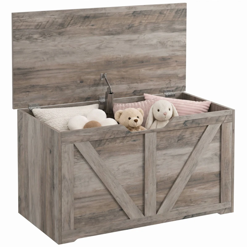 Rustic Storage Chest & Bench with Safety-Hinged Lid, Gray — 80 x 40 x 45 cm (31.5 x 15.7 x 17.7 in)