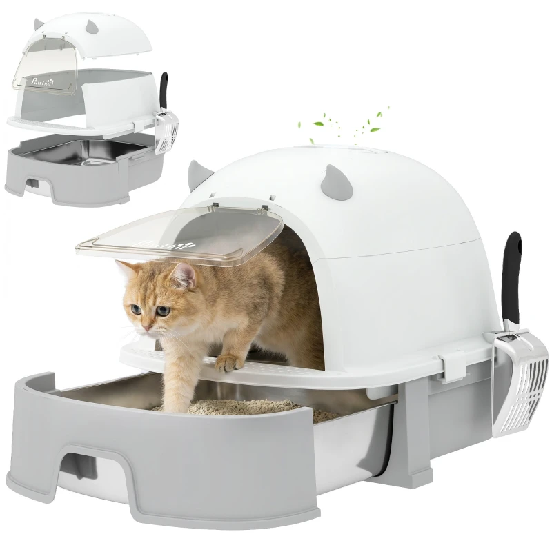 Cat Litter Box, Large, Removable-Top Litter Box with Removable Stainless Steel Tray, Scoop, Carbon Filters, Easy to Clean, Leakproof, Odor Control, Gray