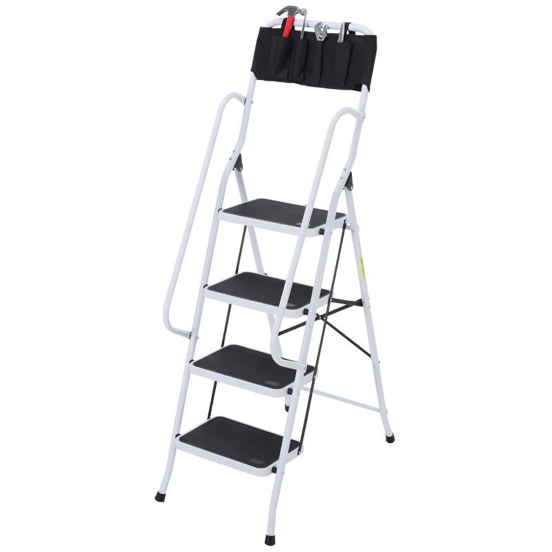 4-Step Foldable Steel Step Ladder with Handrails and Tool Holder 330 lbs Capacity 19.7x32.7x61 inches Black and White