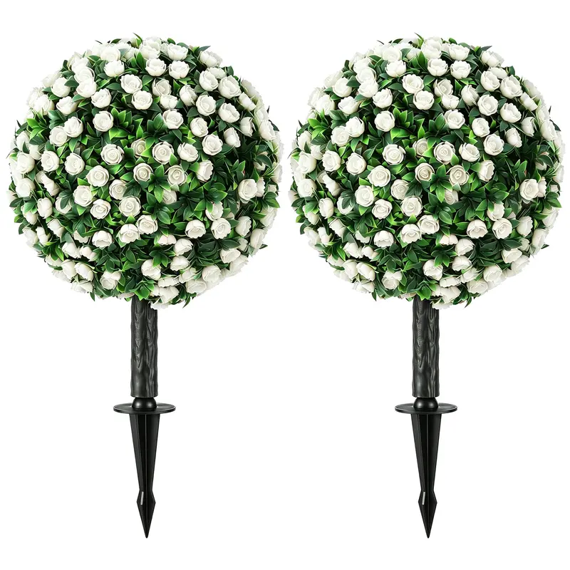 Artificial Rose Topiary Balls 2-Pack, 55 cm (21.7 in) UV-Resistant Artificial Plants with 306 White Roses and Ground Spike for Living Room, Bedroom, Office, Garden