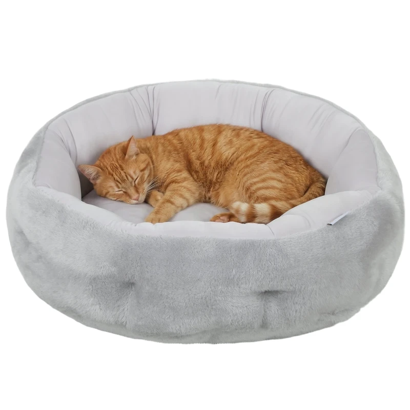 Cat Bed, Reversible Round Bed for Indoor Cats & Small Dogs, Supportive Bolster, Light Gray