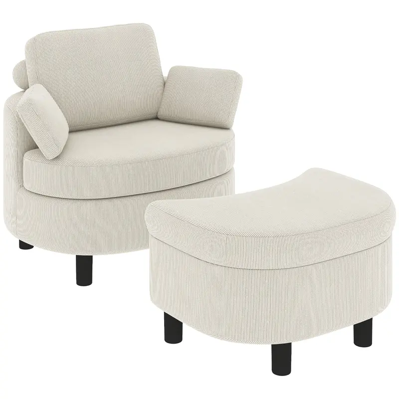 Cord Upholstered Lounge Chair with Storage Ottoman, Adjustable Headrest — Wide Relaxing Armchair for Living Room & Bedroom, Cream