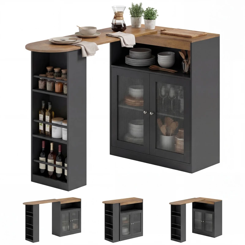 360° Swivel Extendable Bar Table — High Kitchen Table with Open Shelves & 2 Glass Doors, Black/Natural, 150 x 80 x 105.5 cm (59.1 x 31.5 x 41.5 in)