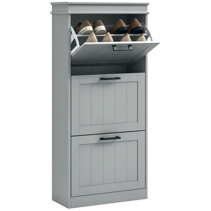 Shoe Cabinet for 15 Pairs — Narrow Modern Shoe Storage with 3 Flip Doors & Adjustable Shelves for Hallway/Entry, 54 x 24 x 117.5 cm (21.3 x 9.4 x 46.3 in), Gray