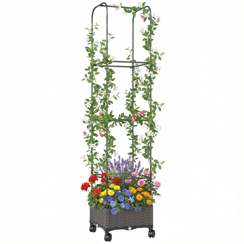 Raised Planter with Trellis, Mobile Planter on Wheels with Drain Hole, Plastic Trough for Climbing Plants, 15.7 x 15.7 x 72.8 in