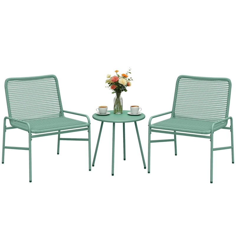 3-Piece Outdoor Woven Resin Bistro Set – Round Garden Table with 2 Chairs, Adjustable Feet, Galvanized Steel Frame, Mint Green