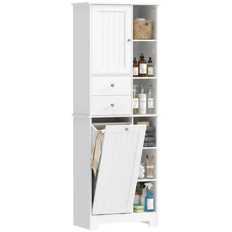 Narrow Bathroom Cabinet, Tall Storage with Pull-Out Laundry Basket, Open Shelf, 2 Drawers and Soft-Close Doors for Bathroom & Kitchen, White, 23.6 x 11.3 x 67.3 in (60 x 28.8 x 171 cm)