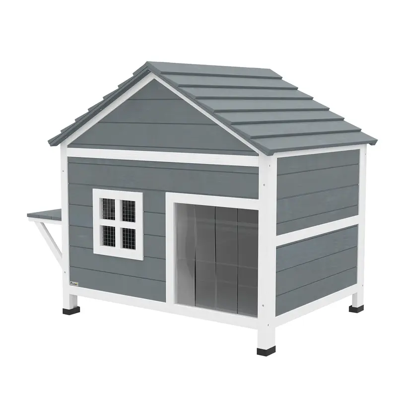 PawHut niche extérieure en bois à 2 niveaux avec toit ouvrant étanche, base surélevée et plateforme latérale, fenêtre — Gris (convient pour 1–2 petits chats jusqu'à 5 kg)