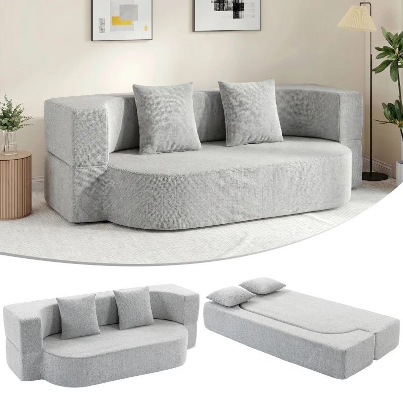 2-Seater Foldable 2-in-1 Sofa Bed Without Frame, Convertible Full-Size Sofa Bed, Deep Wide Seat, Wide Armrests, 2 Removable Cushion Covers, Chenille, Living Room, Light Gray