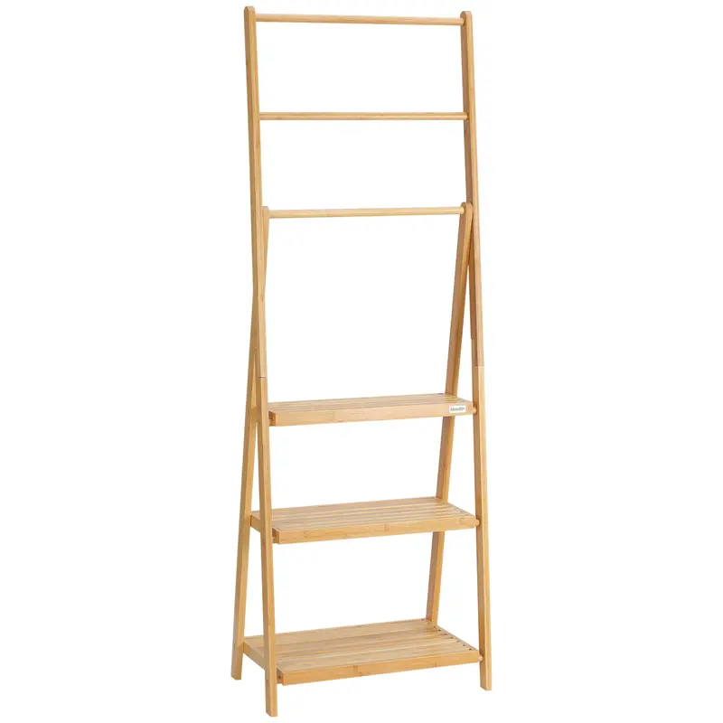 Bamboo Freestanding Towel Rack with 3 Bars Folding Ladder Towel Rack with 3 Storage Shelves for Bathroom Laundry Room 53x30.5x152 cm Natural
